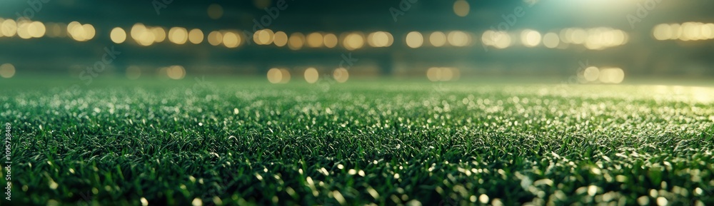 Poster close-up view of a sports field with artificial grass under stadium lighting.