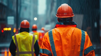 Workers walking in rain.