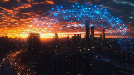 Fototapeta premium Smart digital Innovation city with connection network reciprocity over the cityscape. of future smart wireless digital city and social media networking systems that connects people with in city