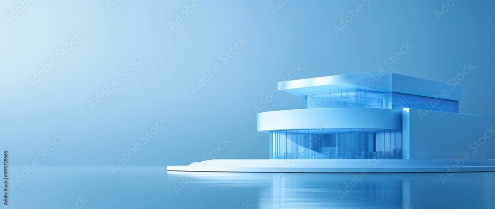 Poster a modern architectural structure with a sleek design, reflecting a serene environment.
