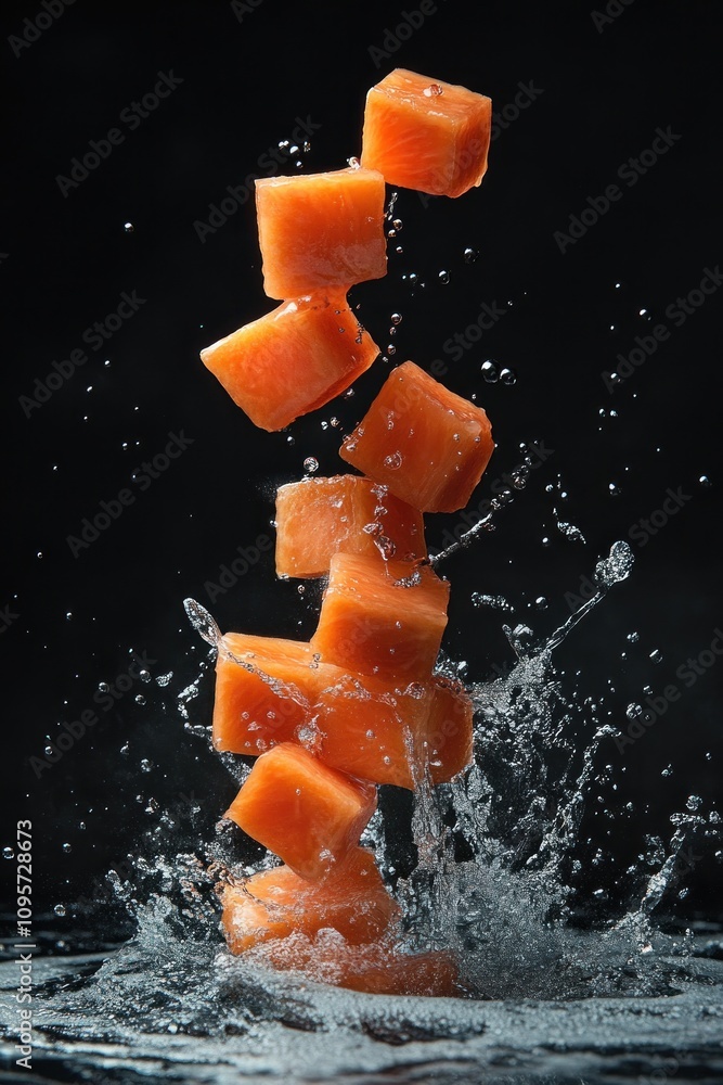 Poster A stack of orange fruit cubes splashing into water, showcasing dynamic motion and freshness.