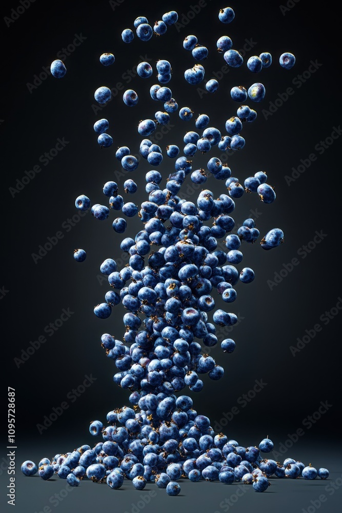 Poster A dynamic arrangement of floating blueberries against a dark background.