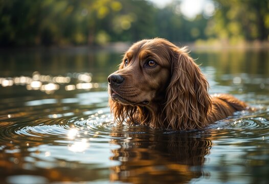 Golden Retriever in a Serene Lake: A beautiful golden retriever wading in a calm lake, surrounded by golden sunlight reflections and lush greenery, evoking tranquility and natural beauty