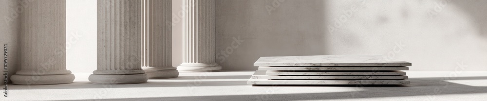 Poster a serene interior featuring classical columns and stacked stone slabs.