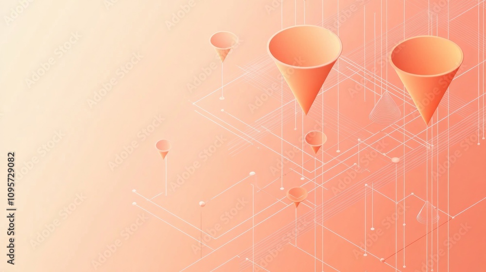 Poster Abstract design featuring cone shapes and geometric lines in a soft gradient background.
