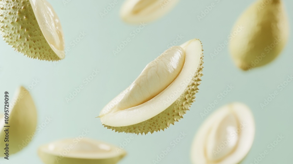 Poster floating durian slices against a soft background, showcasing their unique texture and color.