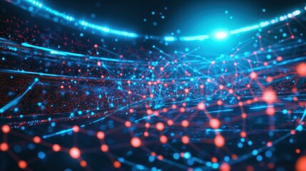 Abstract digital representation of interconnected nodes and networks in a futuristic setting.