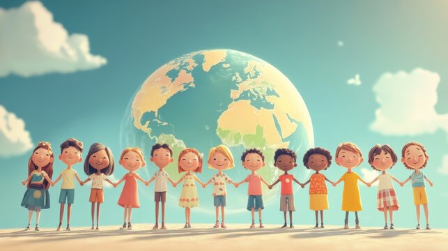Diverse children holding hands around the globe celebrating unity and peace for Children's Day activities