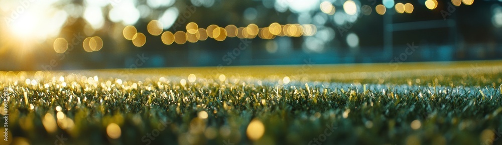Poster A close-up view of a grassy field with bokeh lights in the background during sunset.