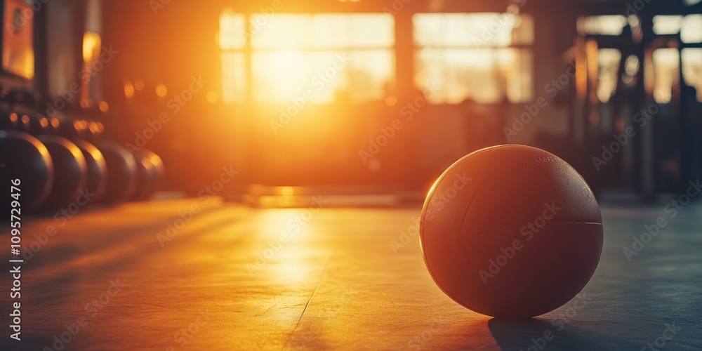 Wall mural A solitary ball rests on a gym floor, illuminated by warm sunlight during sunset.