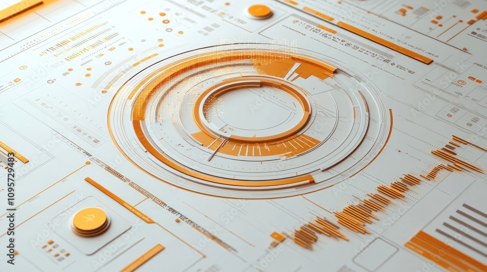 Fototapete Abstract digital interface design with circular elements and data visualizations in orange and white.
