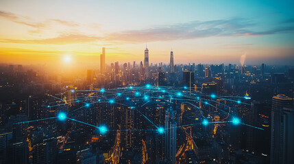 Smart digital Innovation city with connection network reciprocity over the cityscape. of future smart wireless digital city and social media networking systems that connects people with in city