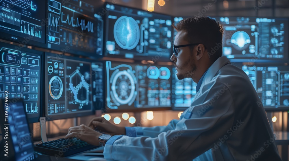 Poster scientist conducting data analysis on several monitors in a sophisticated laboratory environment