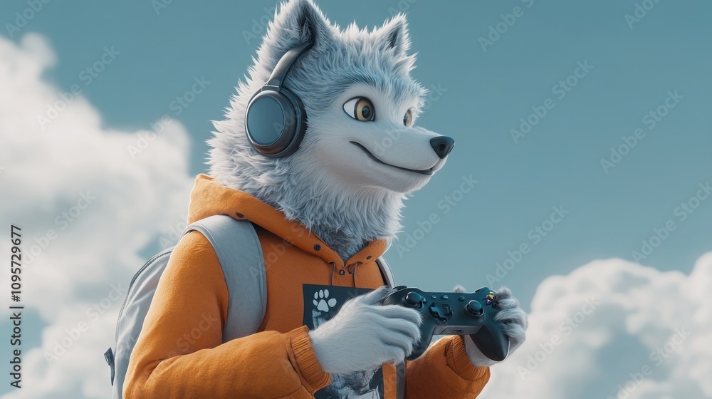 Poster a cartoon wolf character wearing headphones and holding a game controller in a playful setting.