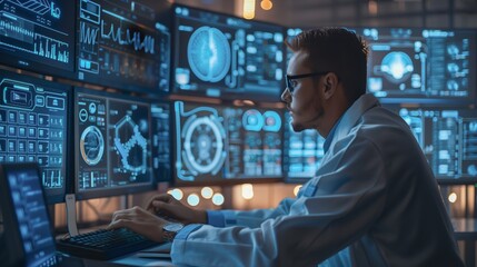 Fototapeta premium Scientist conducting data analysis on several monitors in a sophisticated laboratory environment
