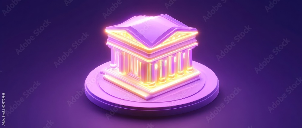 Poster a stylized 3d representation of a classical building with glowing accents.