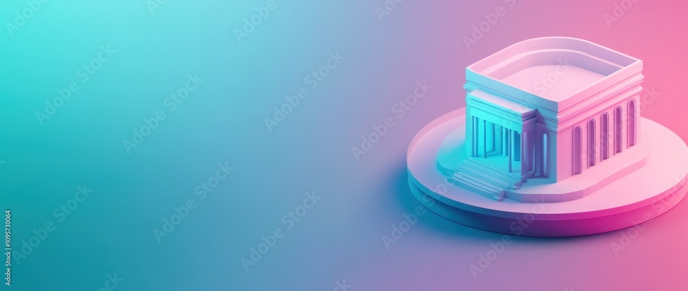 Poster A stylized architectural model of a building on a gradient background.