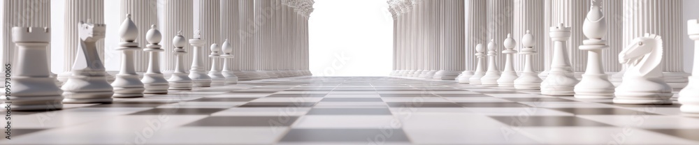 Poster a chessboard with white pieces set in a grand corridor of columns and light.