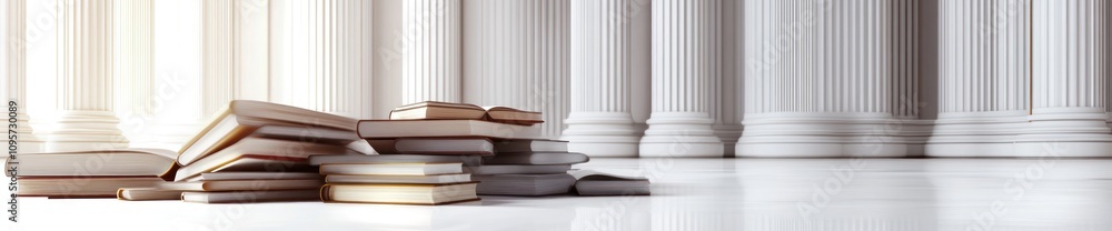 Aufkleber A stack of books rests on a polished surface, with classical columns in the background.