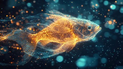 A glowing, ethereal fish swimming through a vibrant, particle-filled environment.