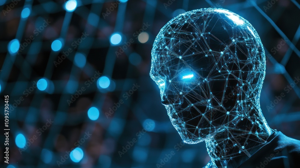 Poster a digital humanoid figure composed of interconnected nodes and glowing lines.