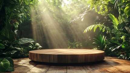 Wooden Podium in a Tropical Forest with Warm Diffused Light from Above, Perfect for Natural Product Presentation and Eco-Friendly Advertising Concepts