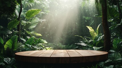 Wooden Podium in a Tropical Forest with Warm Diffused Light from Above, Perfect for Natural Product Presentation and Eco-Friendly Advertising Concepts