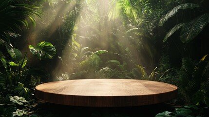 Wooden Podium in a Tropical Forest with Warm Diffused Light from Above, Perfect for Natural Product Presentation and Eco-Friendly Advertising Concepts