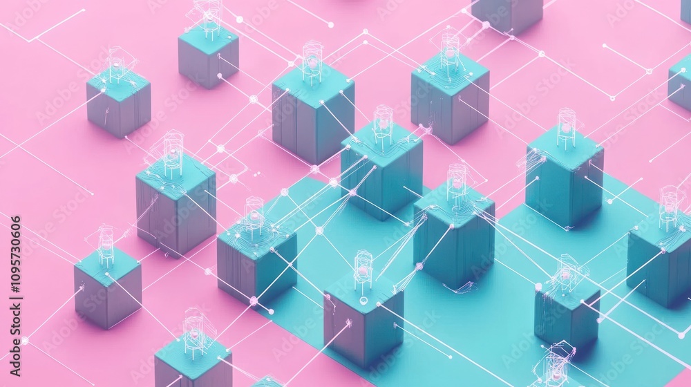 Fototapete Abstract representation of interconnected blocks with data visualization elements.