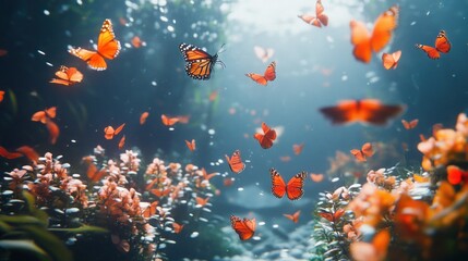 Fototapeta premium A serene underwater scene filled with vibrant butterflies and blooming flowers.
