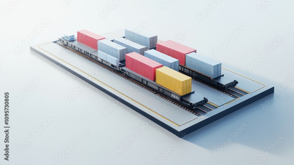 Poster A digital rendering of a train with colorful shipping containers on railway tracks.