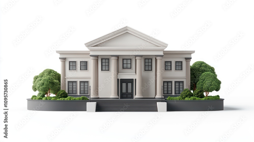 Poster A classic-style building with columns, surrounded by greenery and steps.