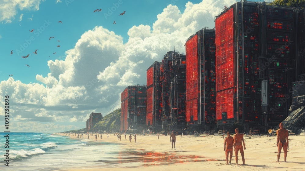 Poster futuristic beach scene with towering structures and figures walking along the shore.