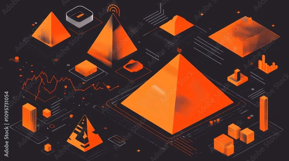 Poster Abstract design featuring pyramids and geometric shapes in orange tones, suggesting data visualization.