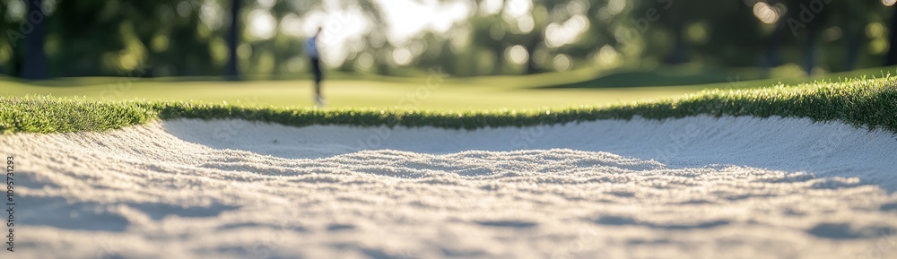 Poster a close-up view of a sand trap on a golf course with a golfer in the background.