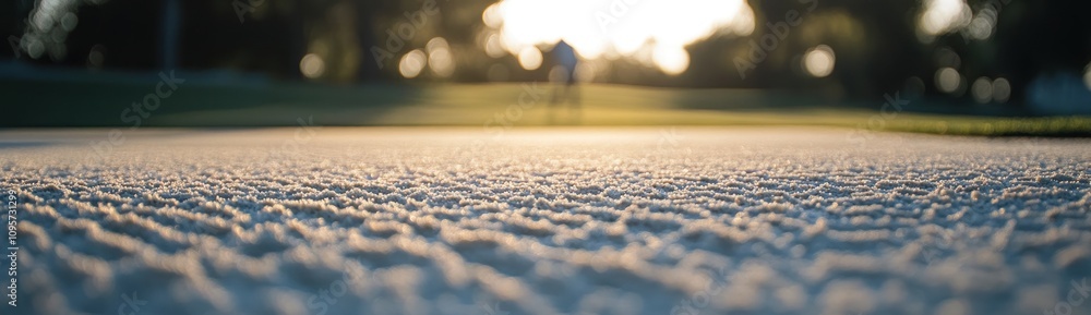 Poster A close-up view of a textured surface with a blurred figure in the background during sunset.