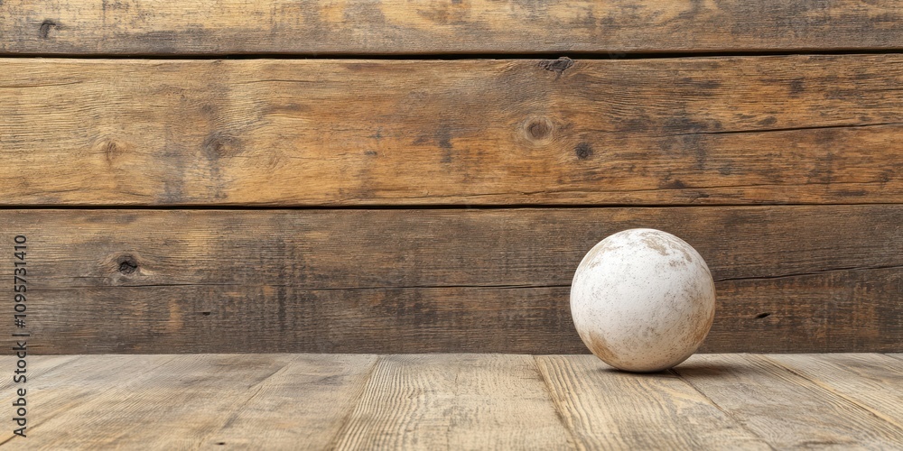 Aufkleber A simple white ball rests on a wooden surface against a rustic backdrop.