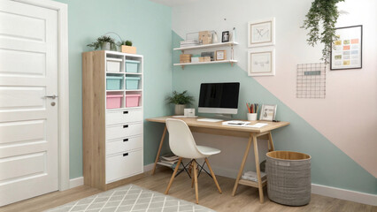 Modern and stylish home office setup with pastel accents
