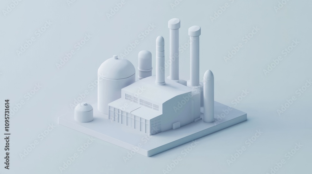 Poster a minimalist 3d model of an industrial facility with various storage and processing units.