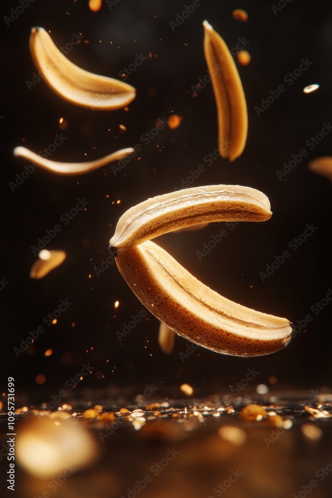 Poster a dynamic capture of floating banana slices with a dark background, emphasizing motion.