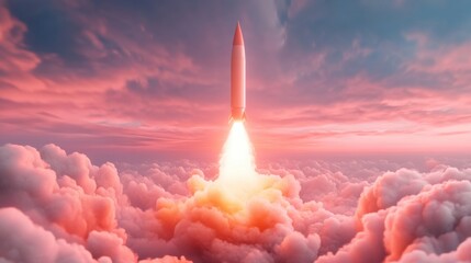 Nuclear missile launching through fiery clouds at sunrise, showcasing powerful propulsion and dramatic skies