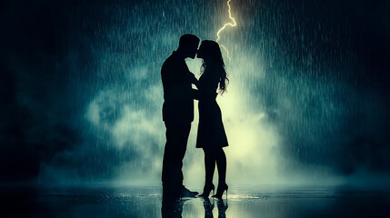 Silhouettes of a couple kissing in the rain, dark sky with faint lightning in the distance, wet reflective ground, Nikon Z7, f/1.8, 35mm, A couple embraces tenderly in the rain, sharing a kiss.