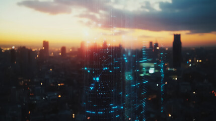 Obraz premium Smart digital Innovation city with connection network reciprocity over the cityscape. of future smart wireless digital city and social media networking systems that connects people with in city