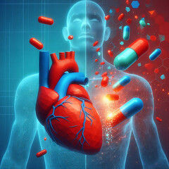 Abstract red human heart organ and opened blue medical drug capsule with falling particles . Healthcare medical pharmacy concept. Low poly style. Geometric background. Modern 3d graphic. Vector
