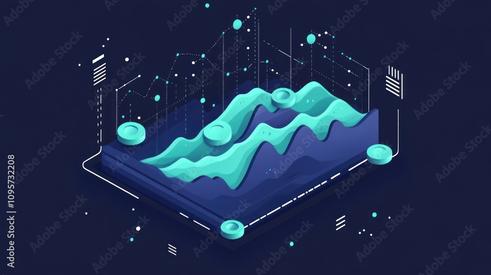 Aufkleber 3D data visualization with waves and graphs on a dark background.
