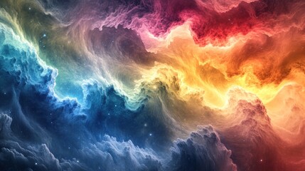A vibrant cosmic scene filled with colorful nebulae and swirling clouds of gas and dust.