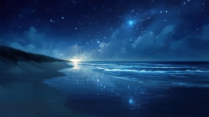 Naklejka premium A serene beach scene under a starry night sky, reflecting light on calm ocean waters.