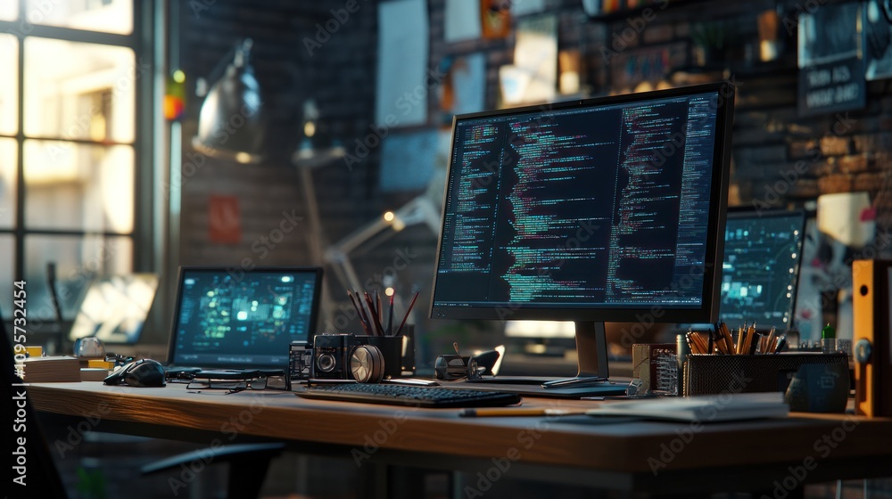 Aufkleber A modern workspace featuring multiple screens displaying coding and tech tools.