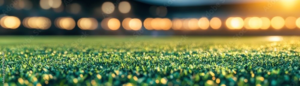 Poster close-up of artificial grass with a blurred background of lights, suggesting a sports environment.