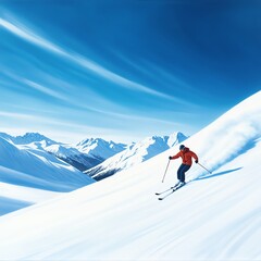 Skier in red jacket gliding down snowy mountain slopes under blue sky.